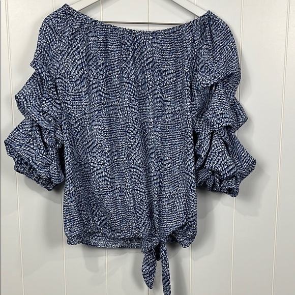 CeCe Women Blouse M Blue White Tier 3/4 Sleeves Stretch Waist w/Tie Off-Shoulder - Picture 1 of 11